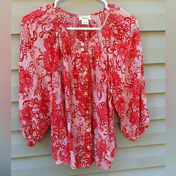 Sundance Women’s size L 100% silk floral toile print br Flowy button blouse - Picture 1 of 4